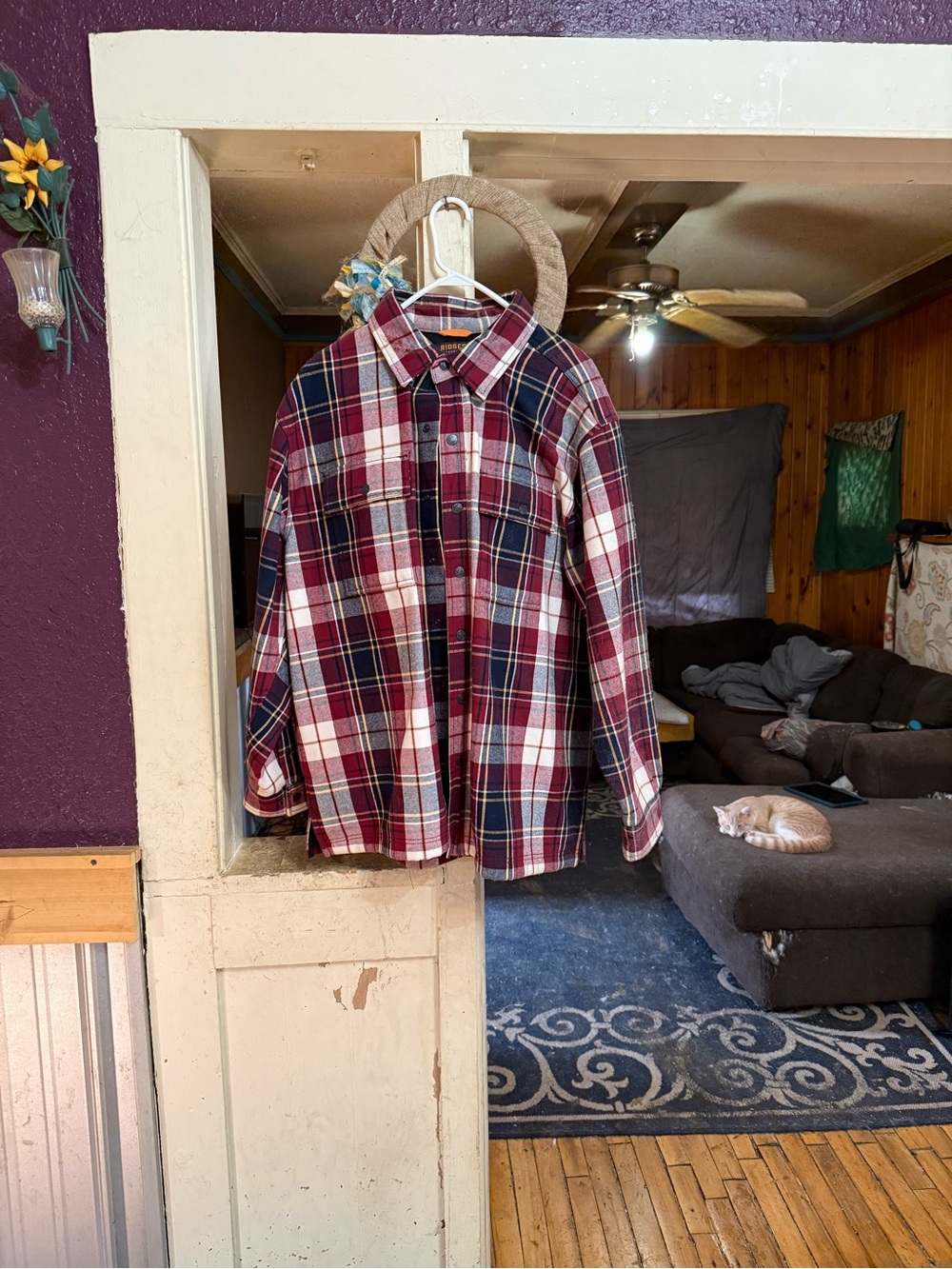 Men's Red and Navy Plaid Button-Up Jacket